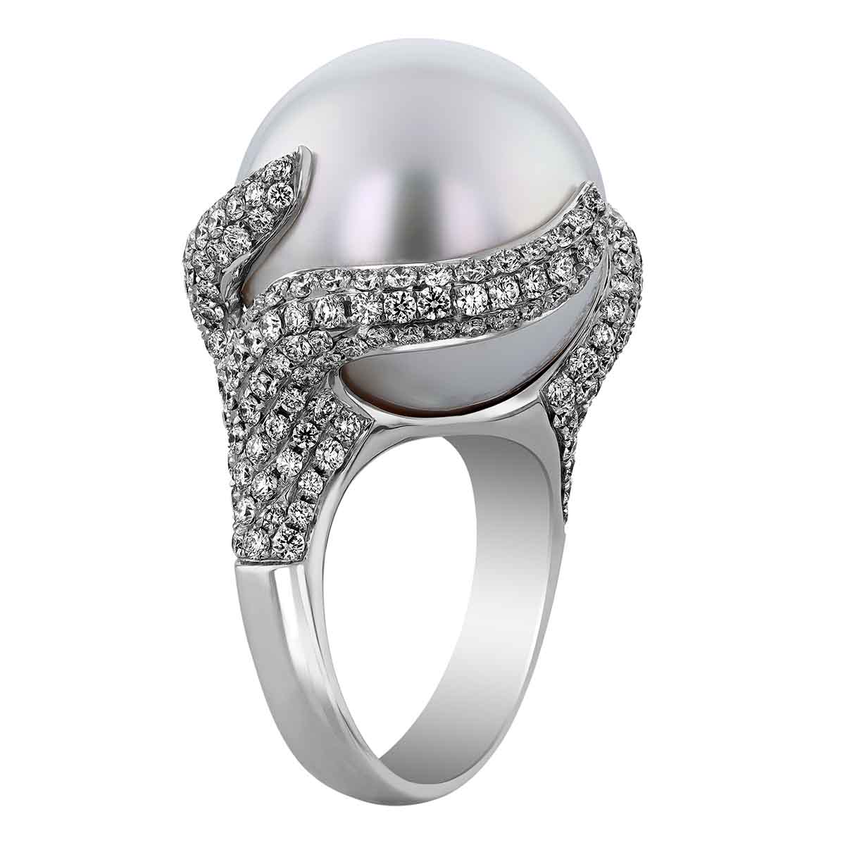 TARA Pearls White South Sea Cultured Pearl & Diamond Pave Swirl Cocktail Ring in White Gold