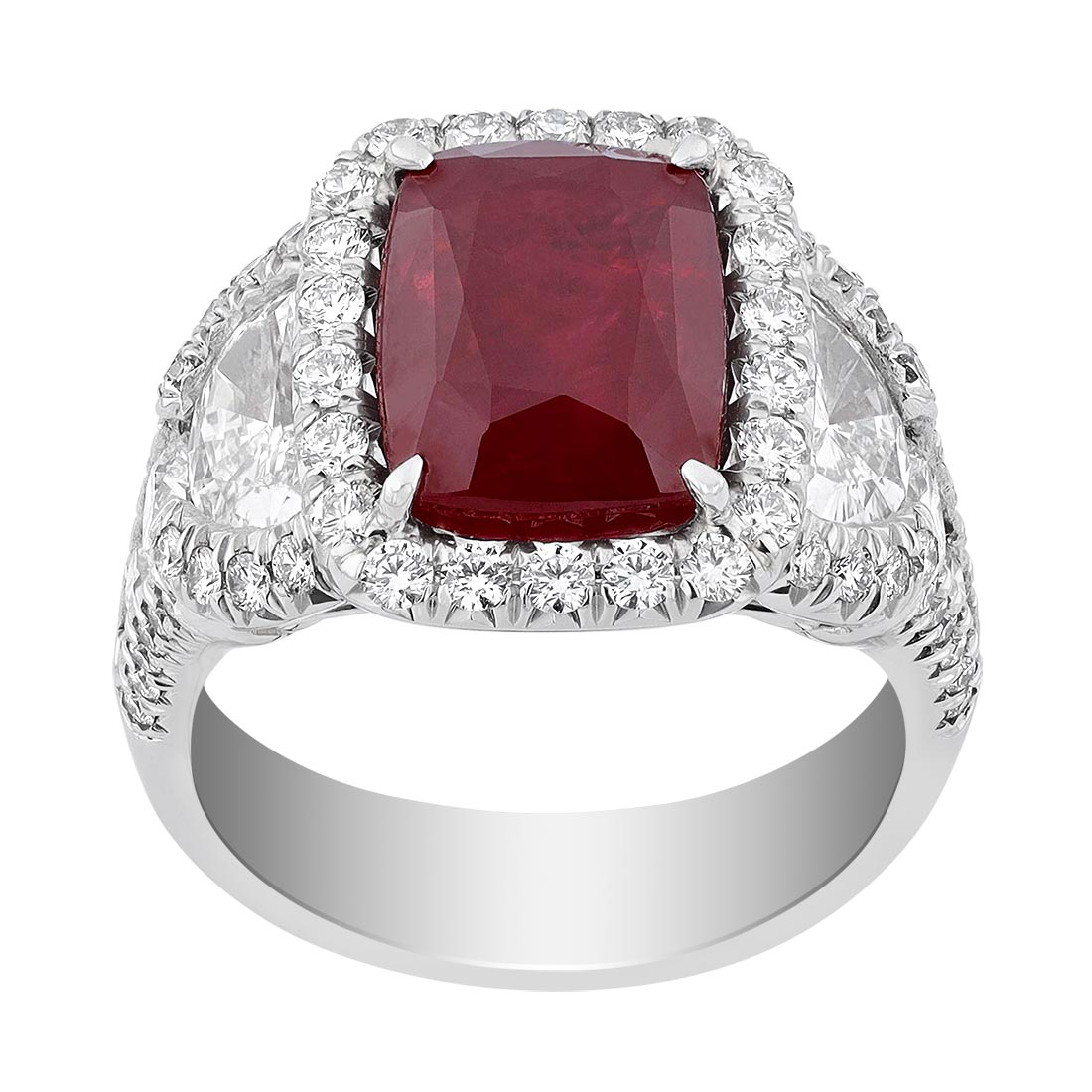 J.B. Star Cushion Ruby & Half Moon Diamond 3 Stone Ring in Platinum