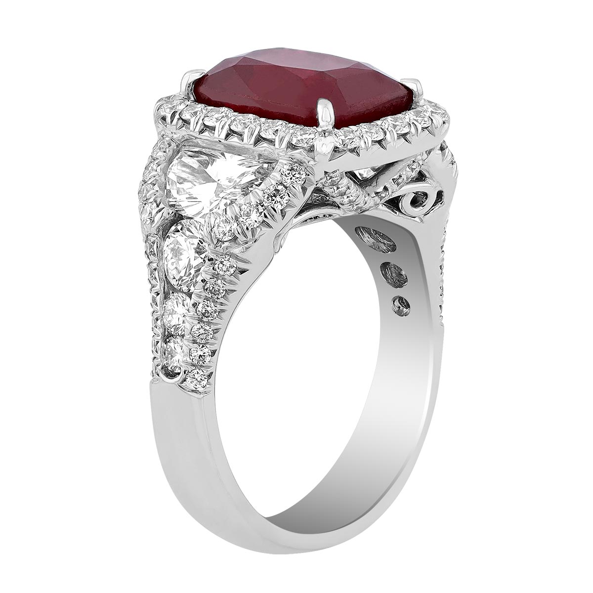 J.B. Star Cushion Ruby & Half Moon Diamond 3 Stone Ring in Platinum