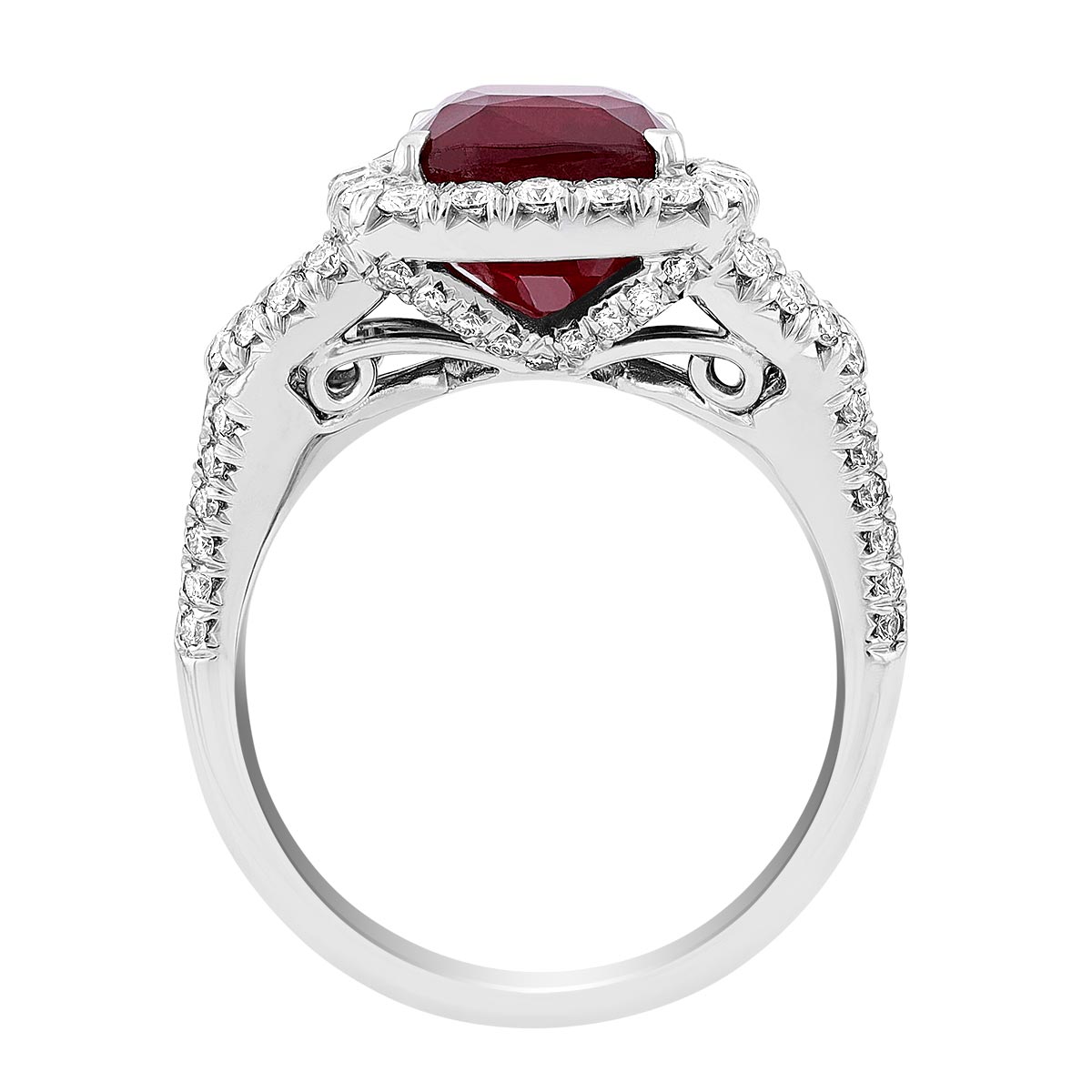 J.B. Star Cushion Ruby & Half Moon Diamond 3 Stone Ring in Platinum