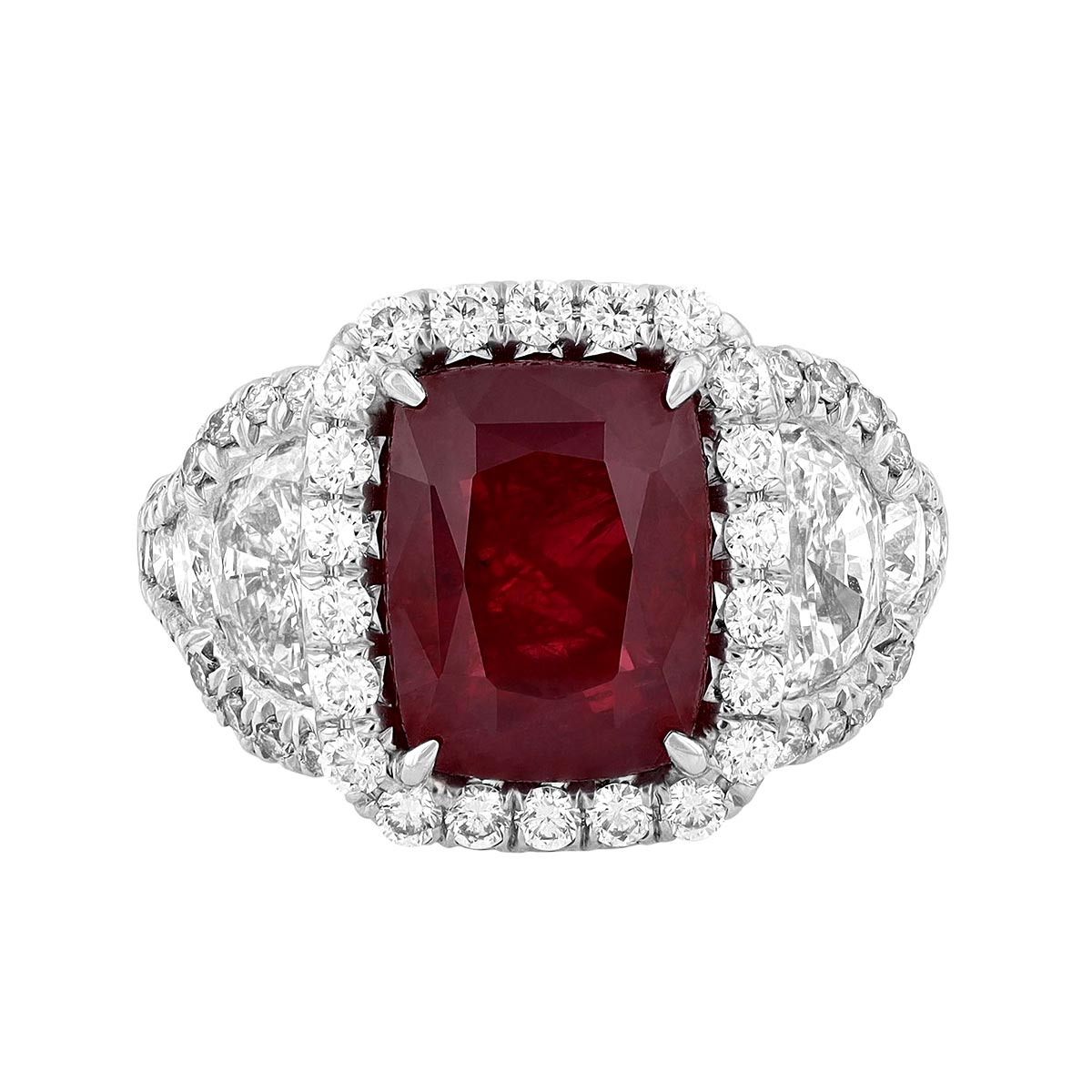 J.B. Star Cushion Ruby & Half Moon Diamond 3 Stone Ring in Platinum