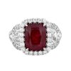 J.B. Star Cushion Ruby & Half Moon Diamond 3 Stone Ring in Platinum