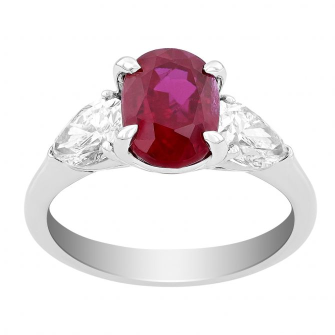 J.B. Star Oval Ruby & Pear Shaped Diamond 3 Stone Ring in Platinum