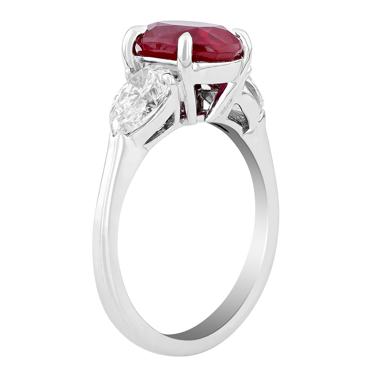 J.B. Star Oval Ruby & Pear Shaped Diamond 3 Stone Ring in Platinum