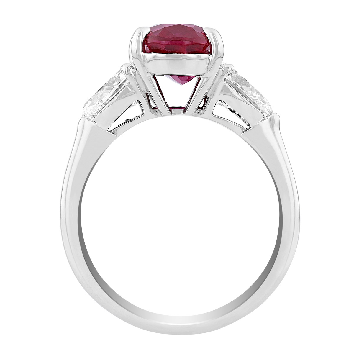 J.B. Star Oval Ruby & Pear Shaped Diamond 3 Stone Ring in Platinum