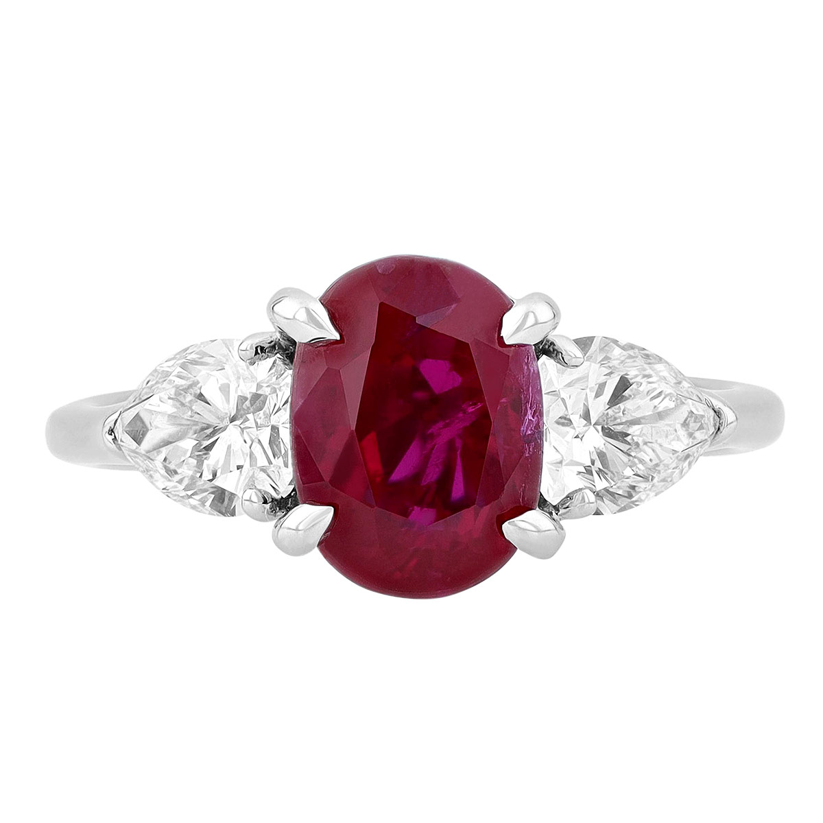 J.B. Star Oval Ruby & Pear Shaped Diamond 3 Stone Ring in Platinum