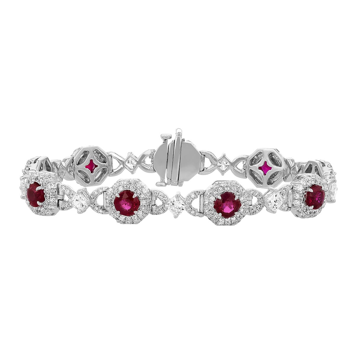 J.B. Star Ruby and Diamond Halo Station Bracelet in Platinum, 7