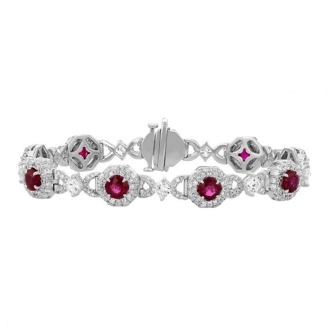J.B. Star Ruby and Diamond Halo Station Bracelet in Platinum, 7"