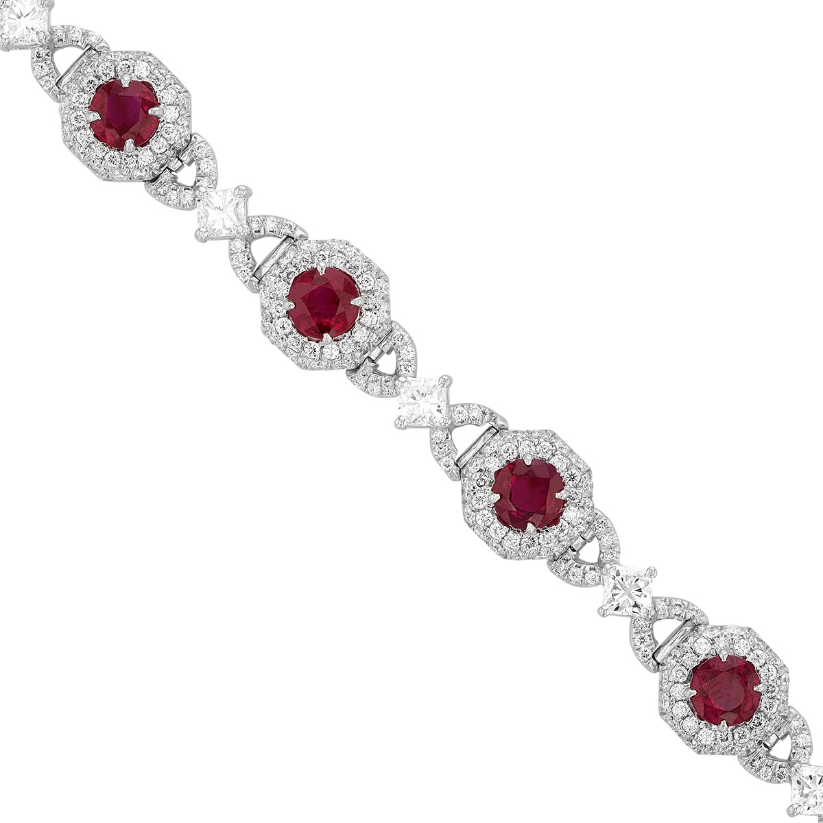 J.B. Star Ruby and Diamond Halo Station Bracelet in Platinum, 7