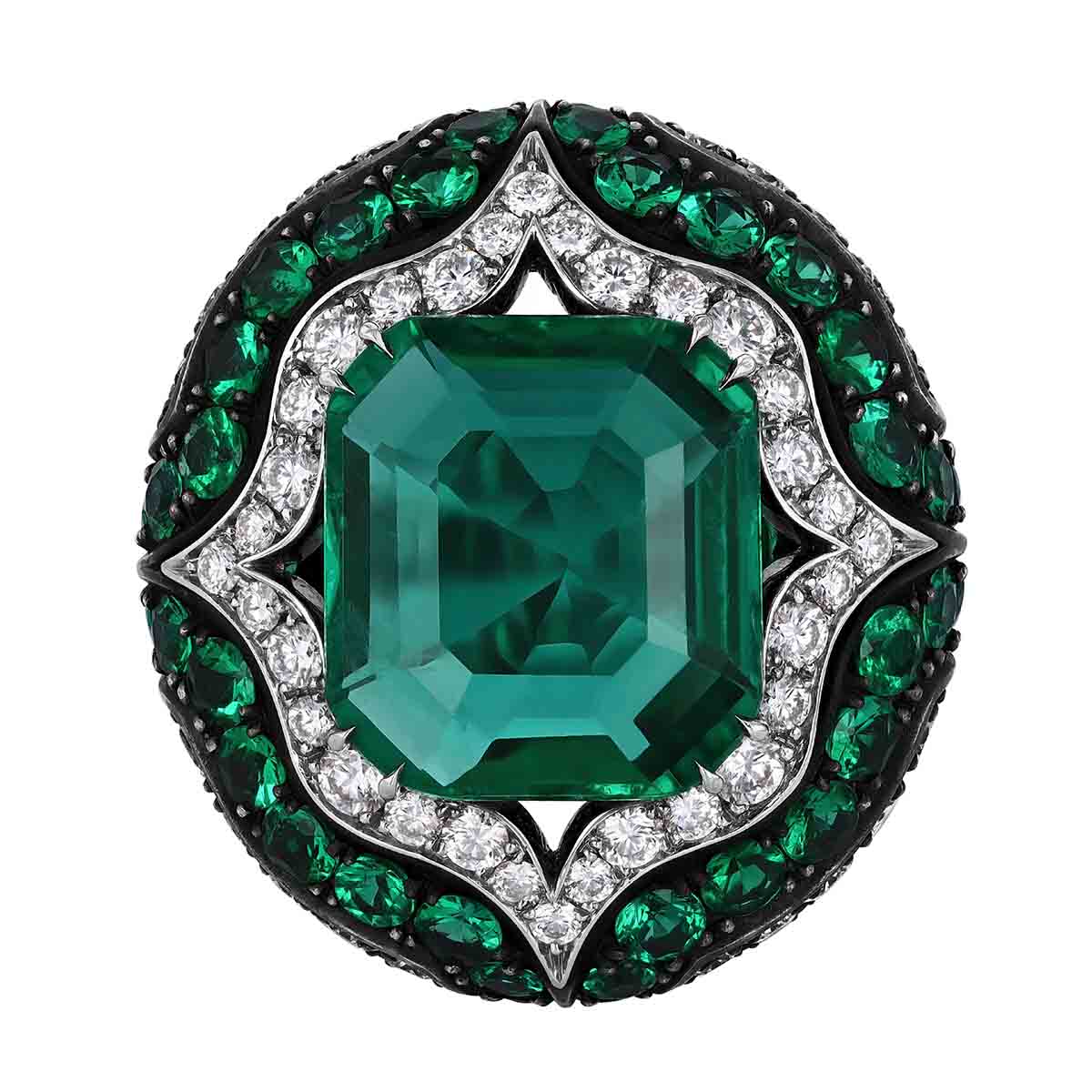 Emerald Cut Emerald Ring with Pointed Diamond & Emerald Pavé Halo