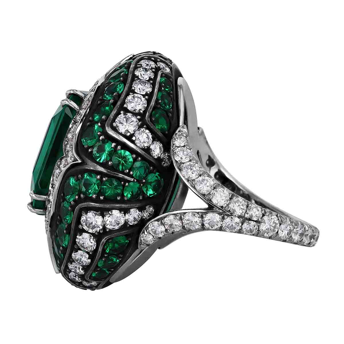 Emerald Cut Emerald Ring with Pointed Diamond & Emerald Pavé Halo
