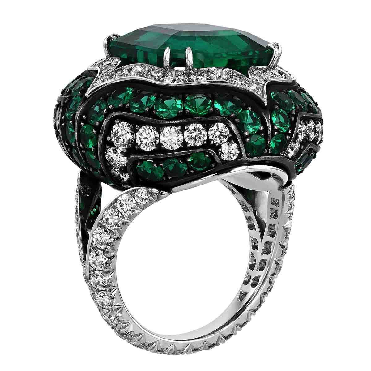 Emerald Cut Emerald Ring with Pointed Diamond & Emerald Pavé Halo