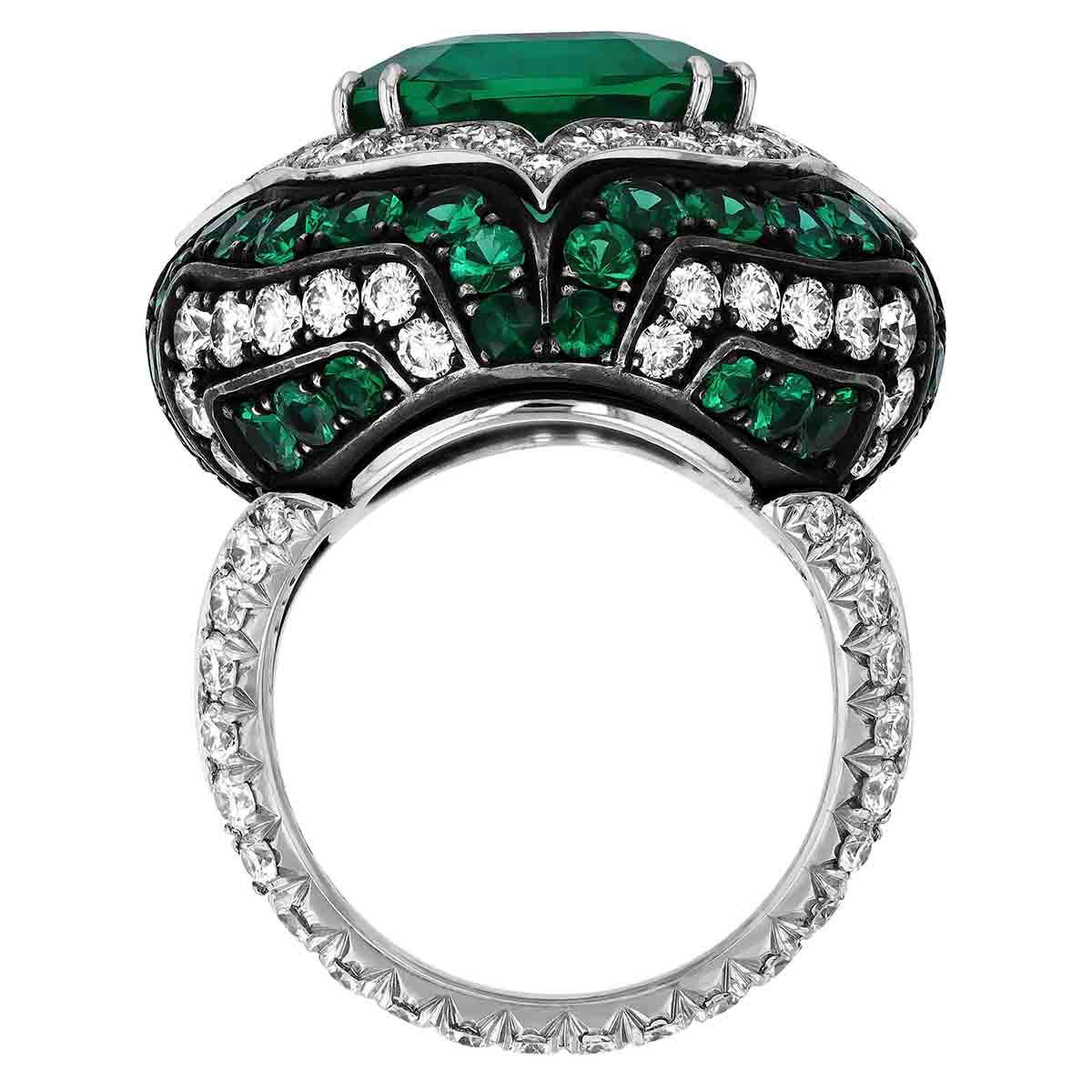 Emerald Cut Emerald Ring with Pointed Diamond & Emerald Pavé Halo