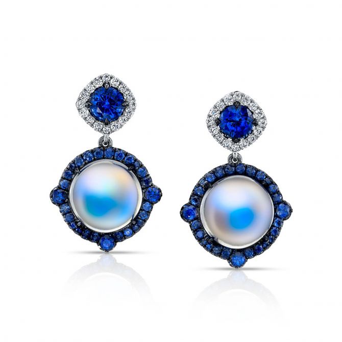 Omi Prive Moonstone Cabochon, Sapphire & Diamond Halo Drop Earrings in Platinum