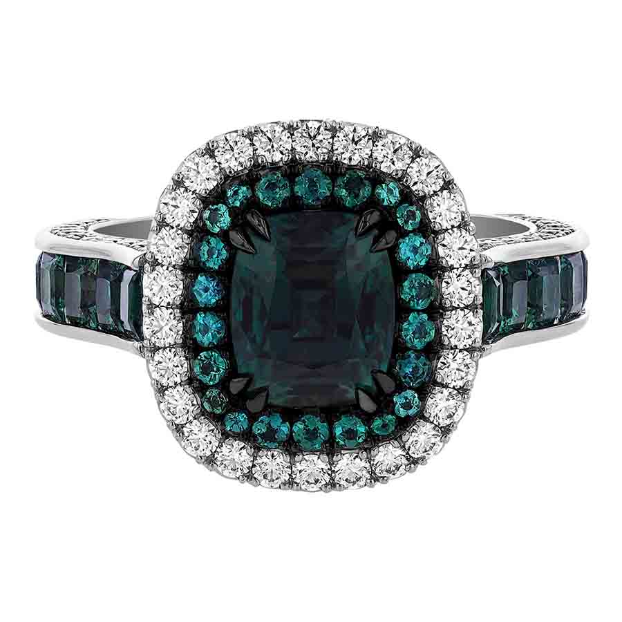 Omi Prive Cushion Alexandrite & Diamond Double Halo Ring in Platinum