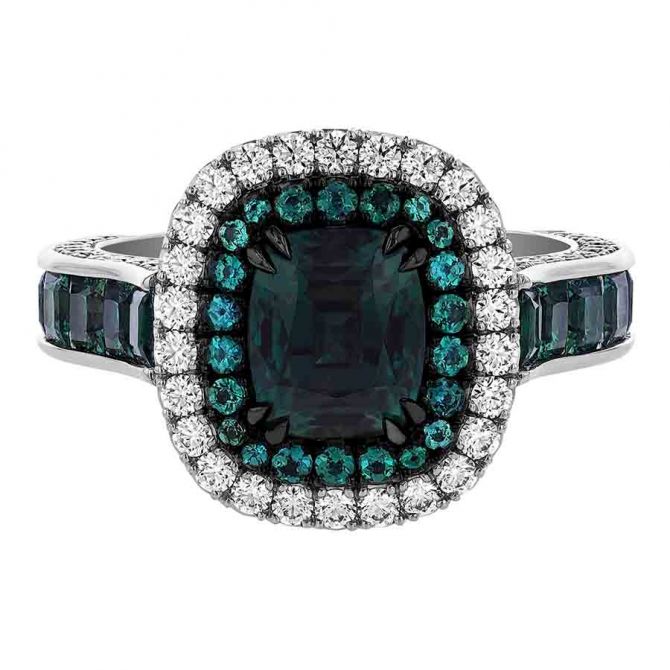 Omi Prive Cushion Alexandrite & Diamond Double Halo Ring in Platinum