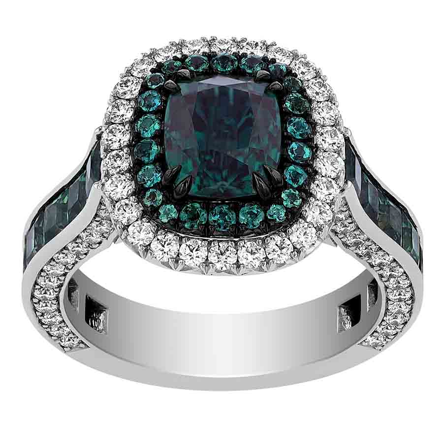 Omi Prive Cushion Alexandrite & Diamond Double Halo Ring in Platinum
