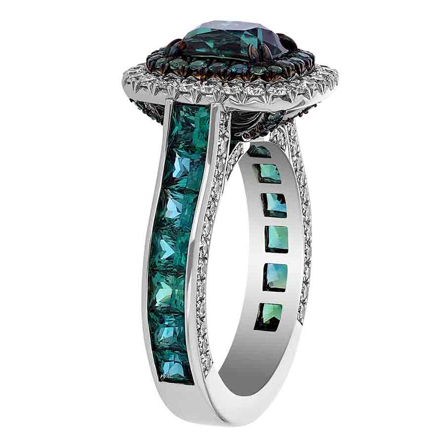 Omi Prive Cushion Alexandrite & Diamond Double Halo Ring in Platinum