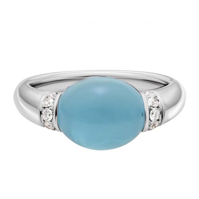Oval Aquamarine Cabochon Ring in White Gold with Diamond Rondelles