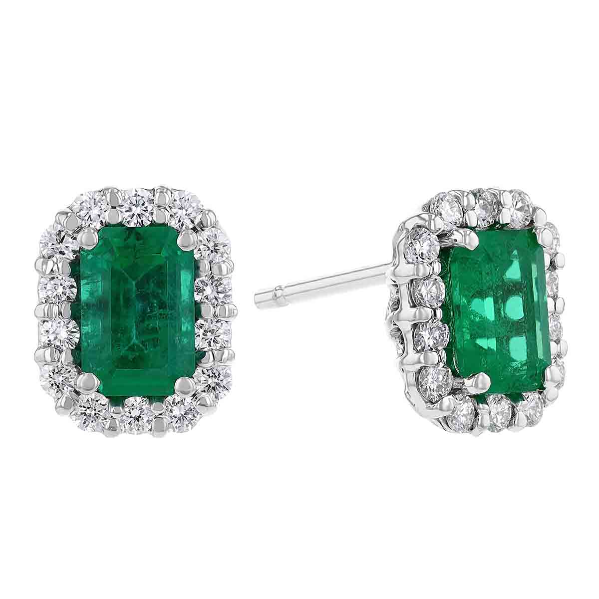 Emerald Cut Emerald & Diamond Halo Stud Earrings in White Gold