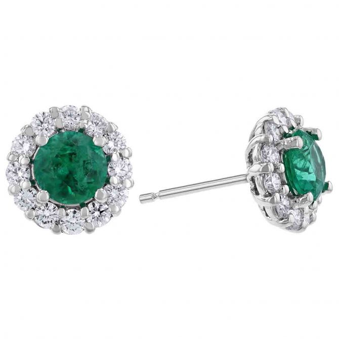 Emerald & Diamond Halo Round Stud Earrings in White Gold