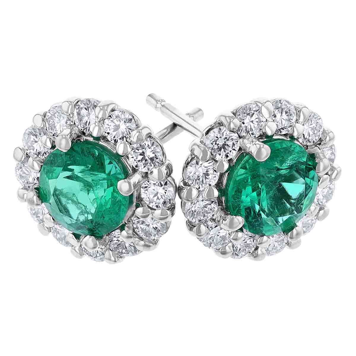 Emerald & Diamond Halo Round Stud Earrings in White Gold