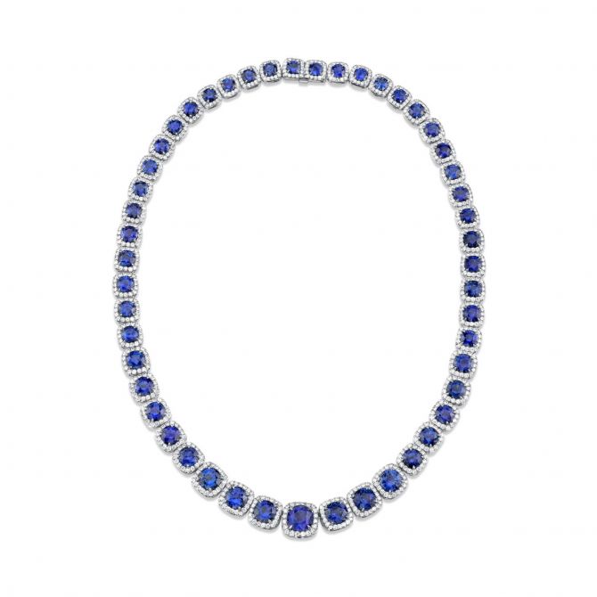 Omi Prive Sapphire & Diamond Halo Riviera Necklace in Platinum, 17"