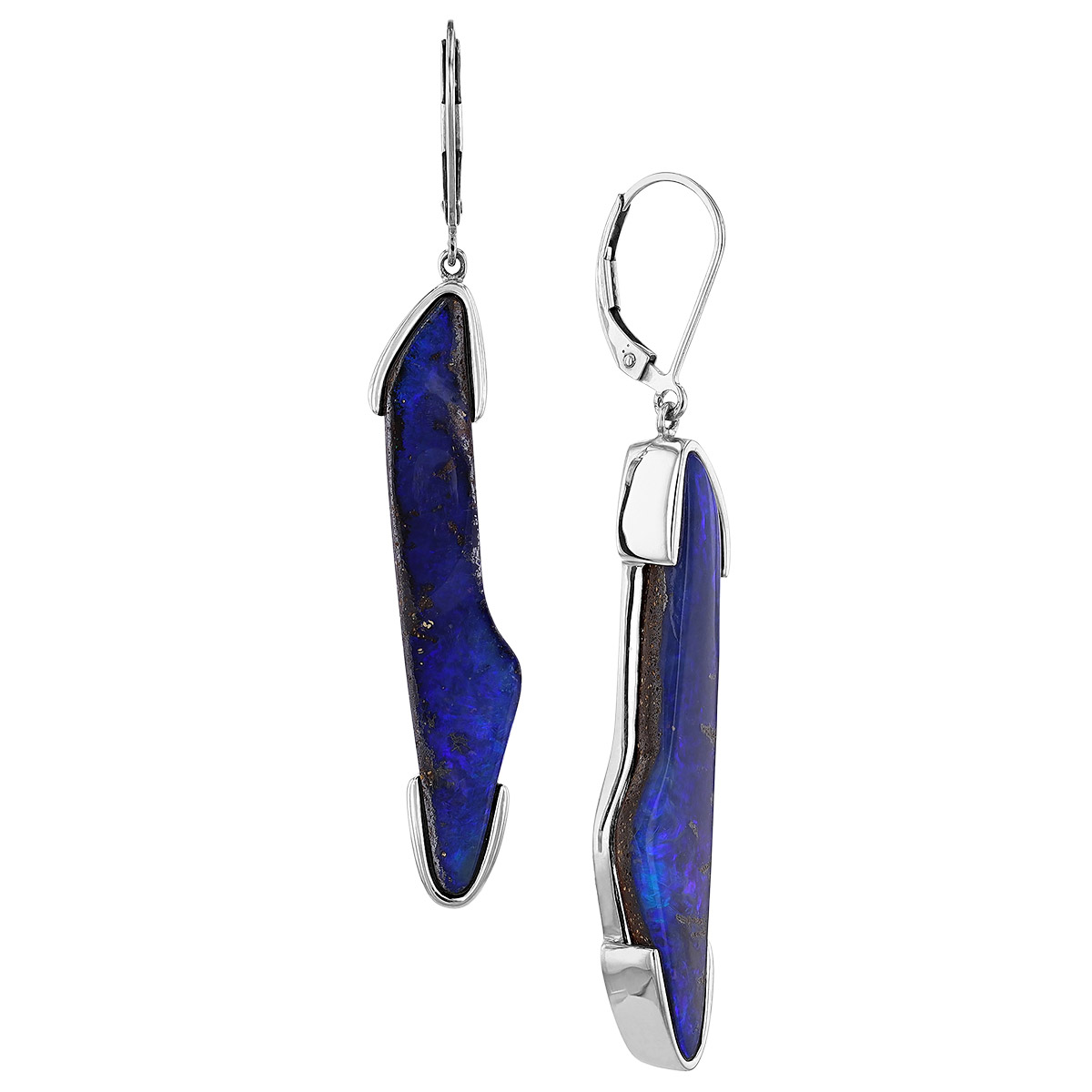 Blue Opal Freeform Long Drop Split Bezel Earrings in Sterling Silver