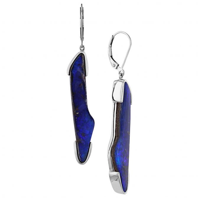 Blue Opal Freeform Long Drop Split Bezel Earrings in Sterling Silver