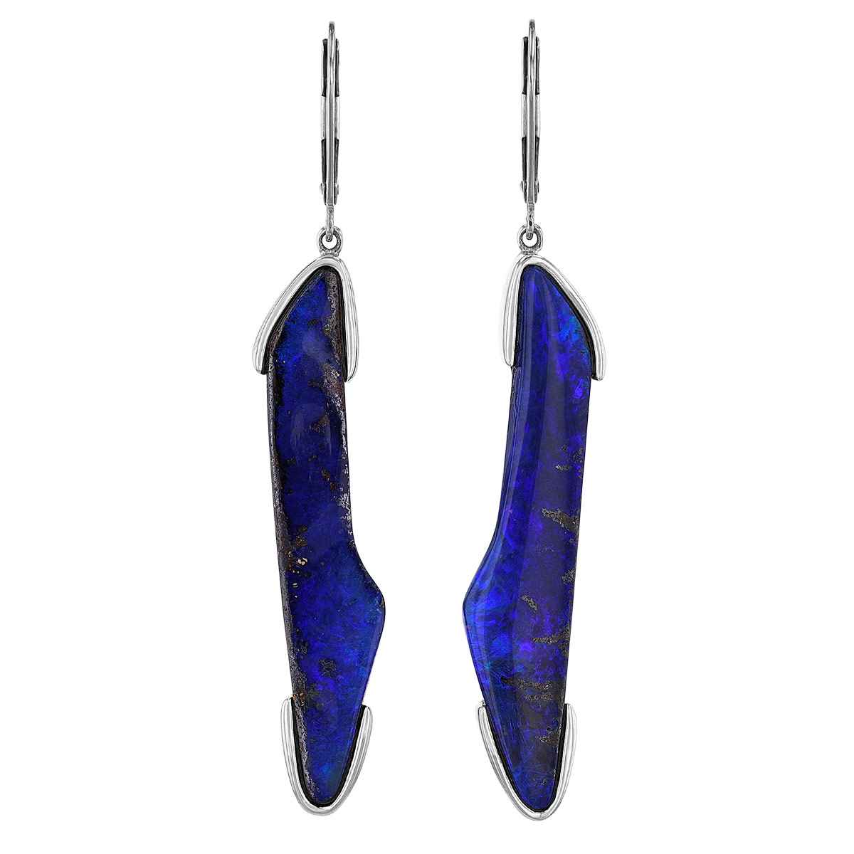 Blue Opal Freeform Long Drop Split Bezel Earrings in Sterling Silver