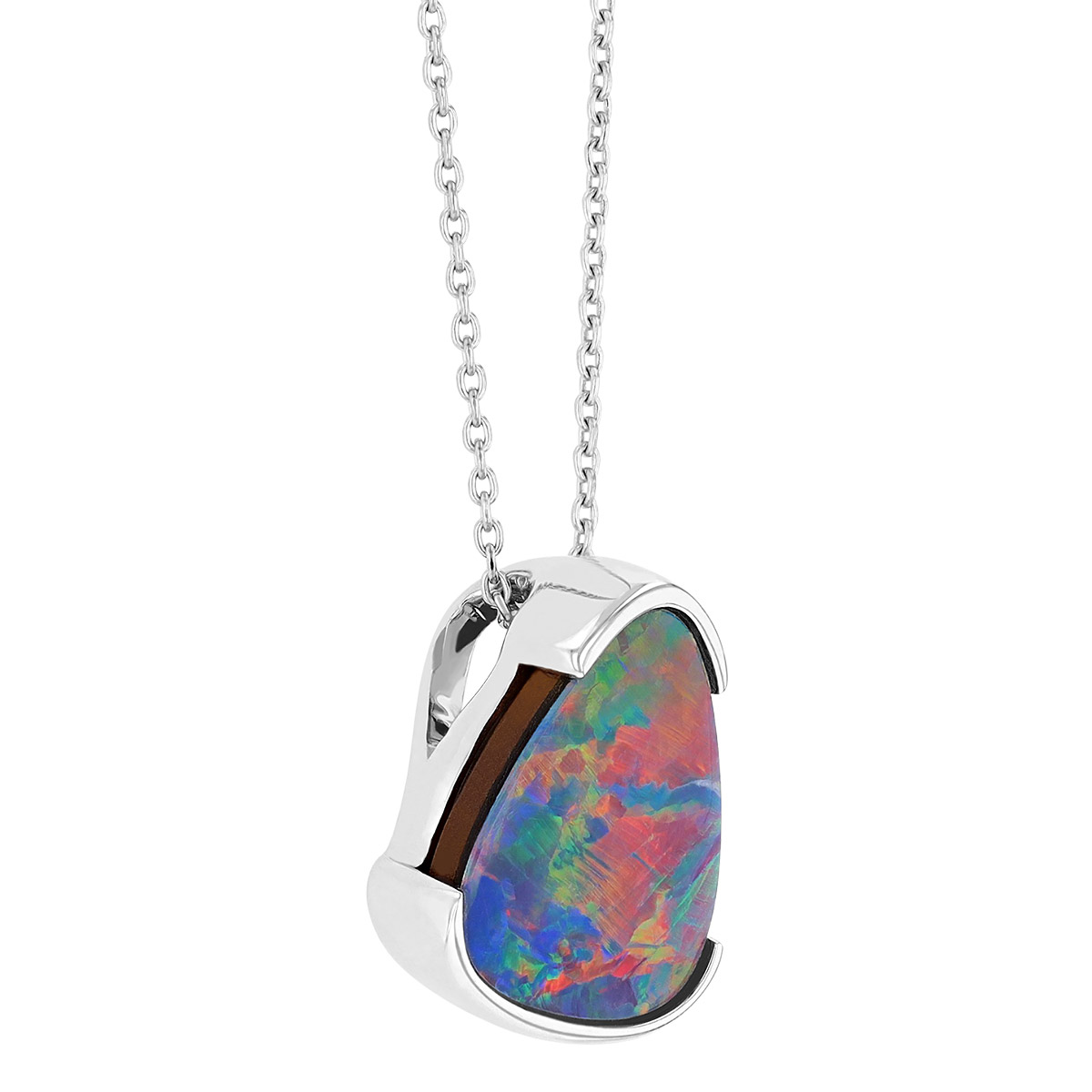 Opal Doublet Demi Bezel Set Necklace in White Gold