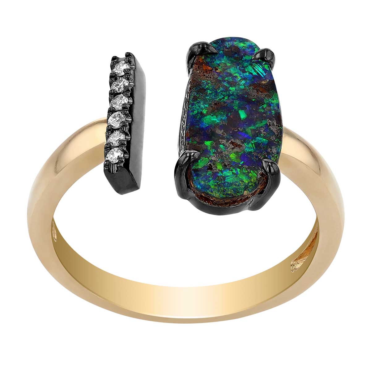 Boulder Opal & Diamond Bar Cuff Ring in Yellow Gold