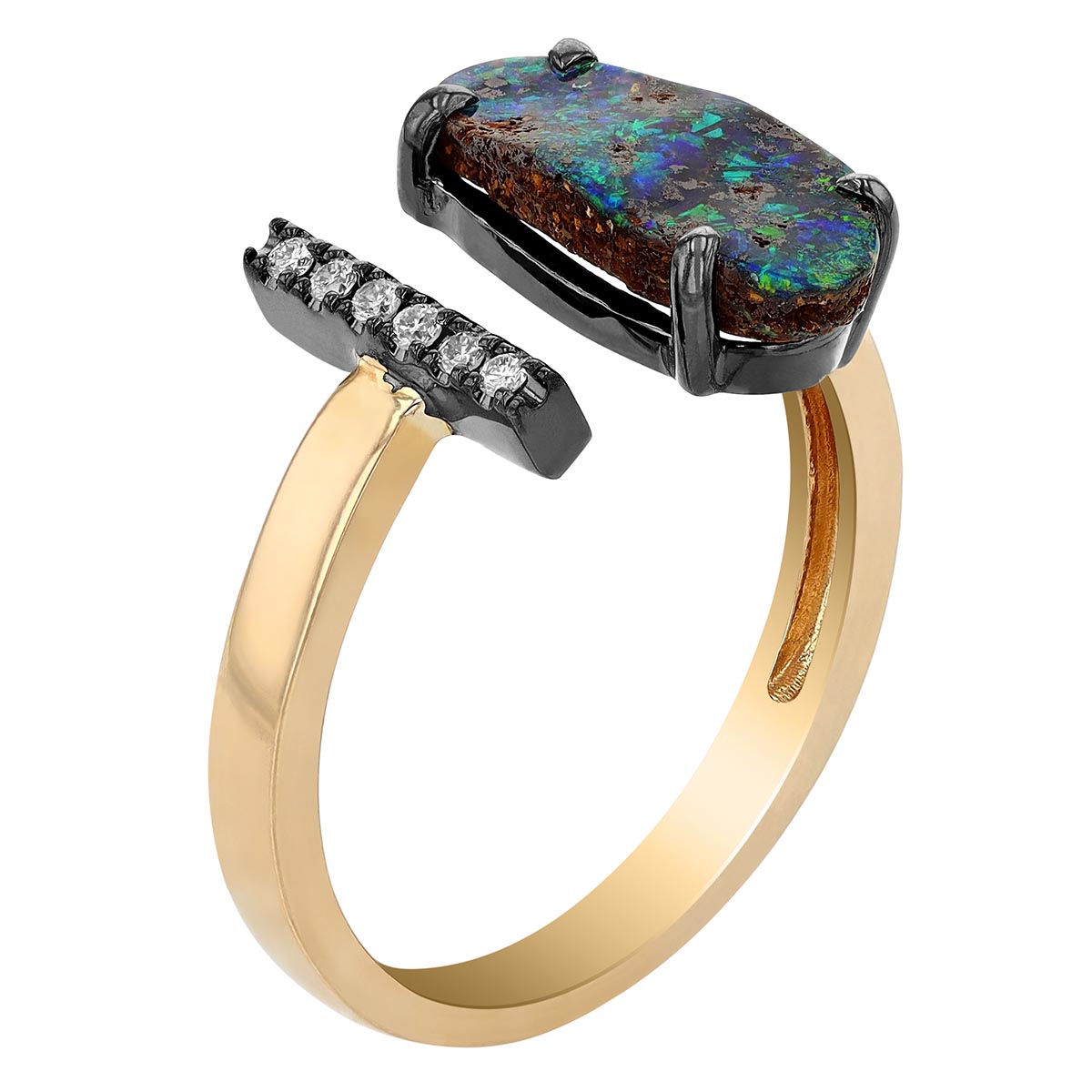 Boulder Opal & Diamond Bar Cuff Ring in Yellow Gold