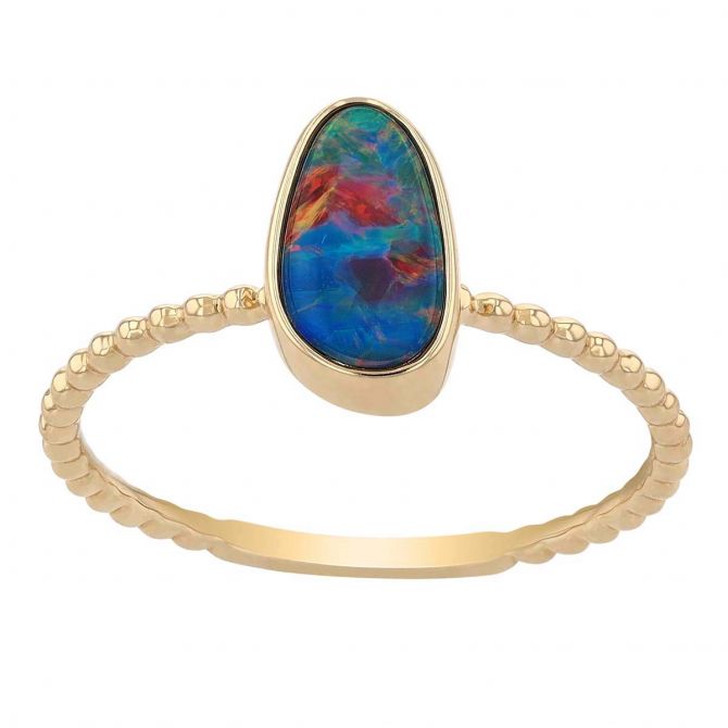 Opal Doublet Bezel Set Ring with Beaded Yellow Gold Band