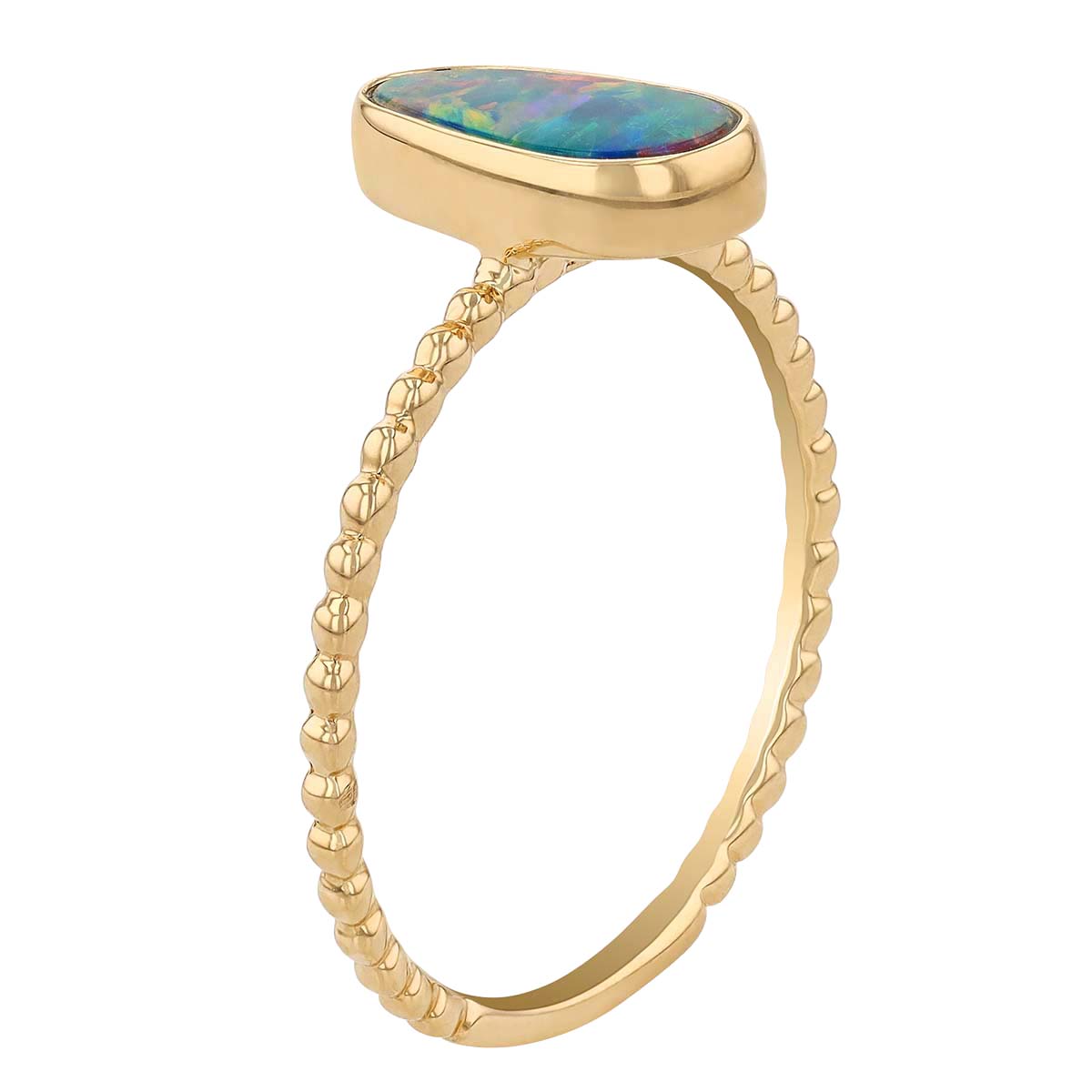 Opal Doublet Bezel Set Ring with Beaded Yellow Gold Band