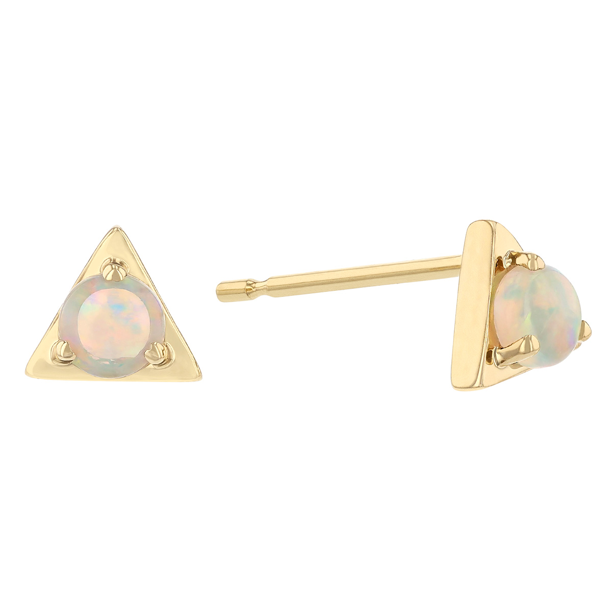 White Opal & Yellow Gold Triangle Tiny Stud Earrings