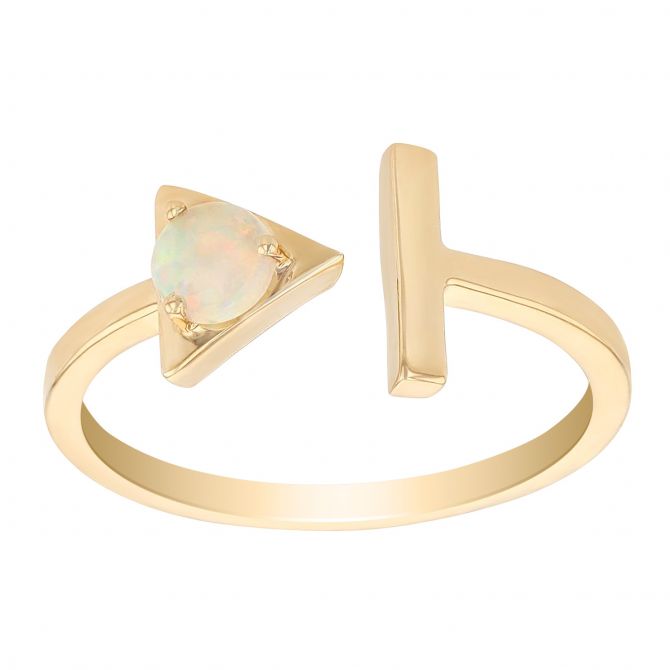 White Opal Triangle & T Cuff Ring in Yellow Gold