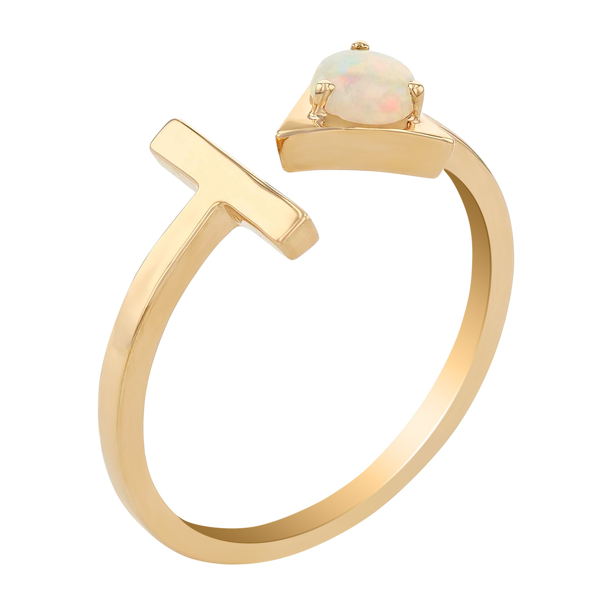 White Opal Triangle & T Cuff Ring in Yellow Gold