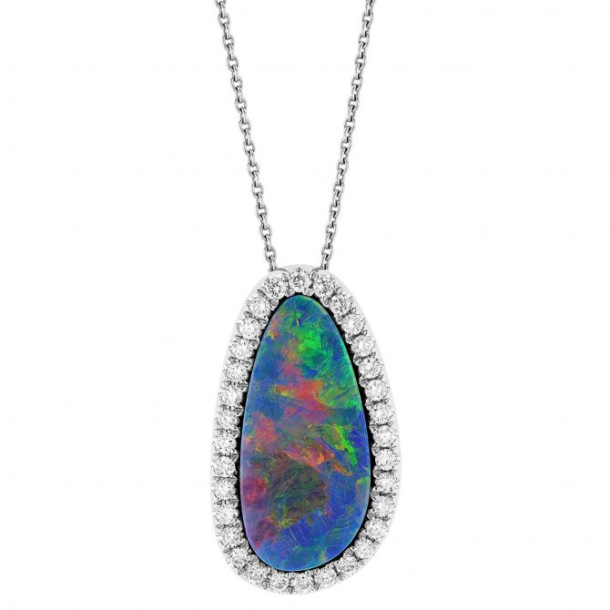 Opal Doublet & Diamond Halo Freeform Oval Pendant in White Gold