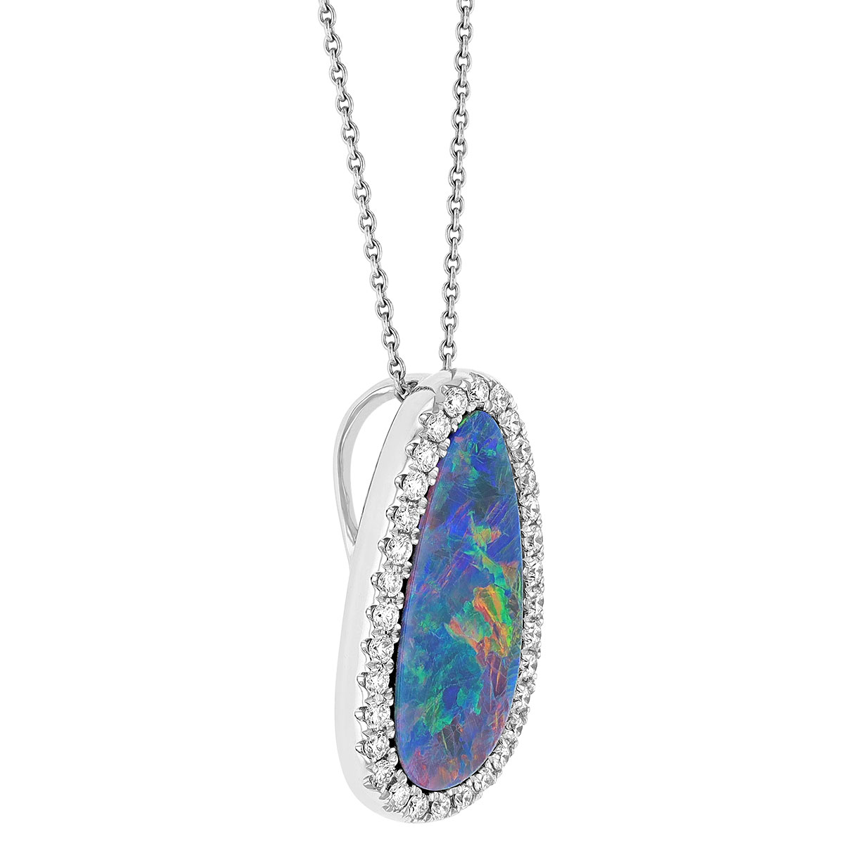 Opal Doublet & Diamond Halo Freeform Oval Pendant in White Gold