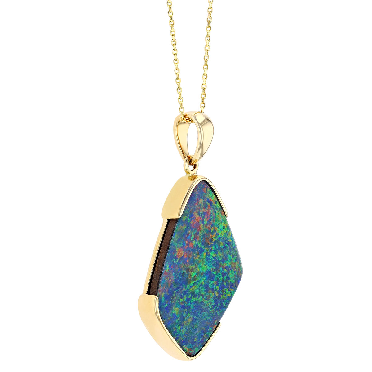 Opal Doublet Freeform Kite Shaped Demi Bezel Pendant in Yellow Gold