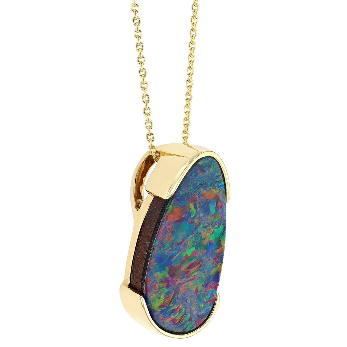 Opal Doublet Freeform Oval Demi Bezel Necklace in Yellow Gold