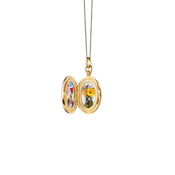Monica Rich Kosann White Enamel & Yellow Gold Vermeil Oval Locket with Green Sapphire
