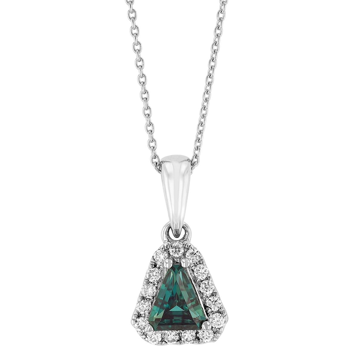 Trillion Alexandrite & Diamond Halo Pendant in White Gold