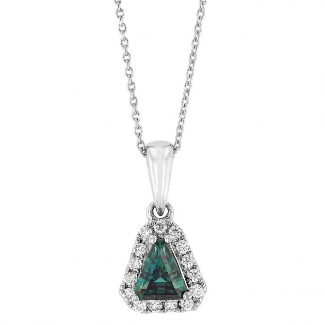 Trillion Alexandrite & Diamond Halo Pendant in White Gold