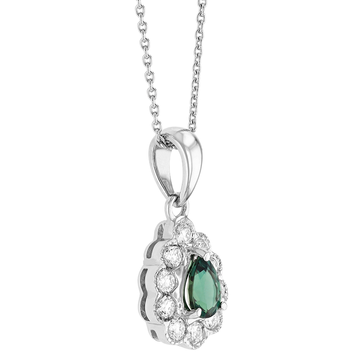 Pear Shaped Alexandrite & Diamond Scalloped Milgrain Halo Pendant in White Gold