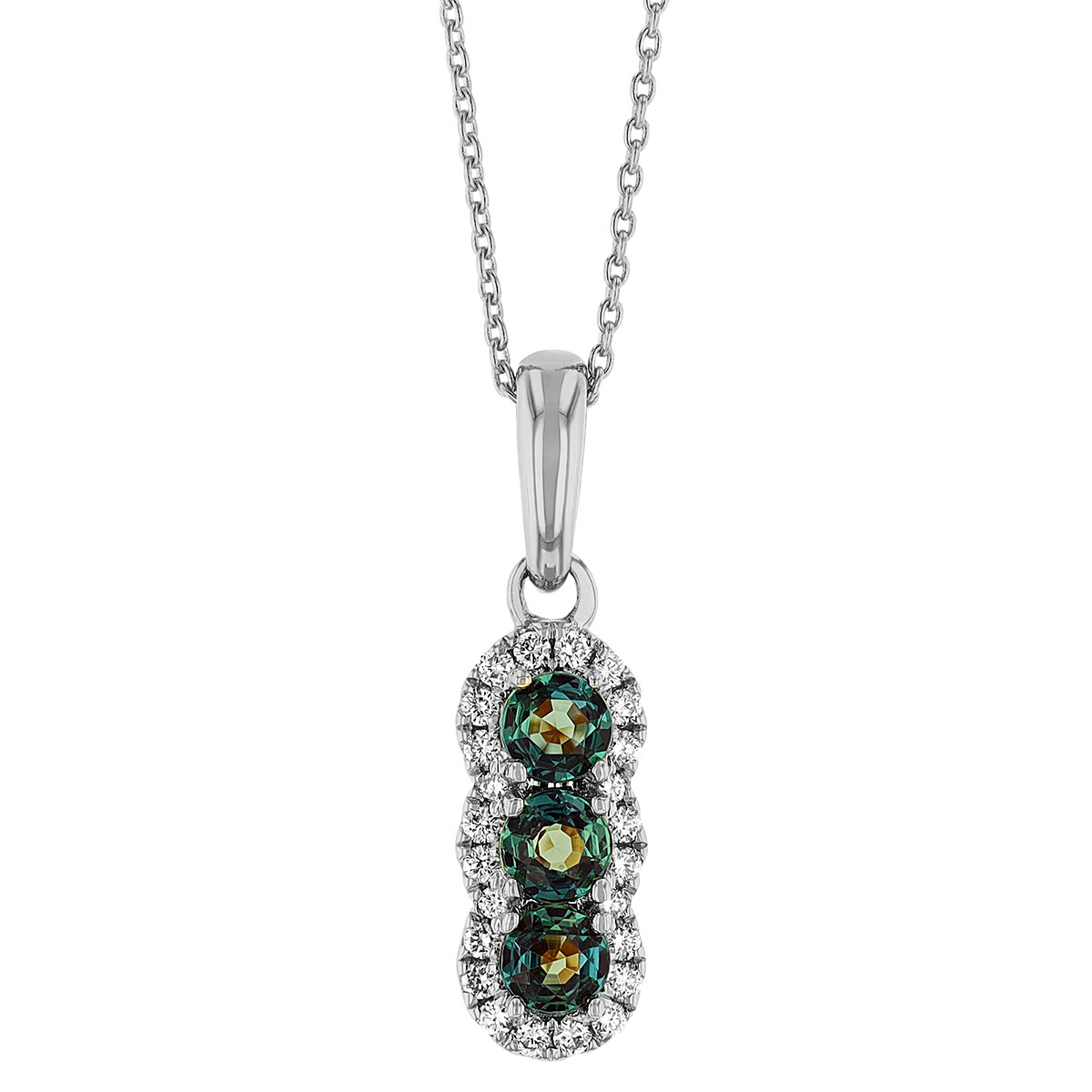 Alexandrite & Diamond Halo Trio Drop Pendant in White Gold