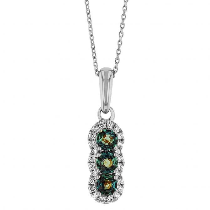 Alexandrite & Diamond Halo Trio Drop Pendant in White Gold