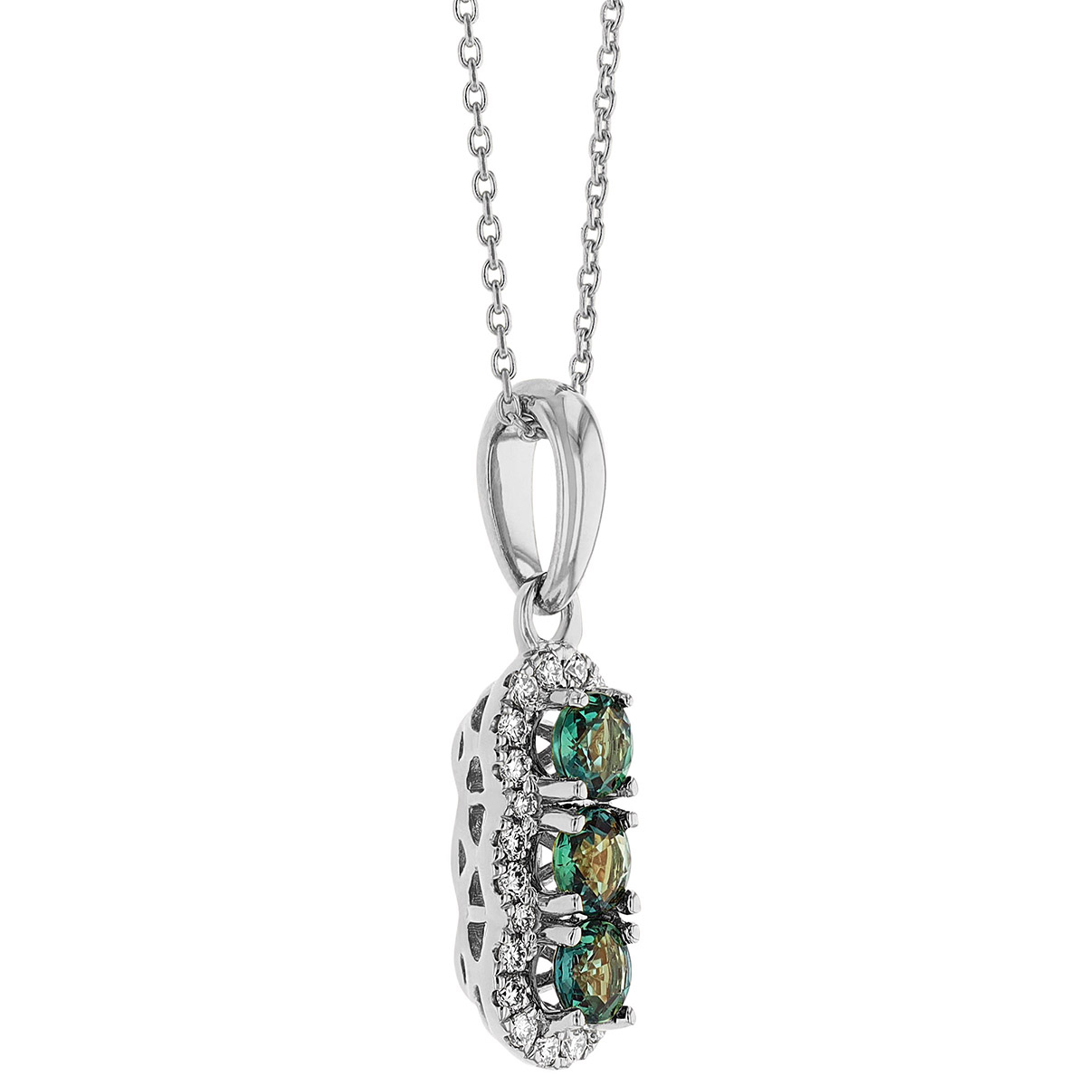 Alexandrite & Diamond Halo Trio Drop Pendant in White Gold