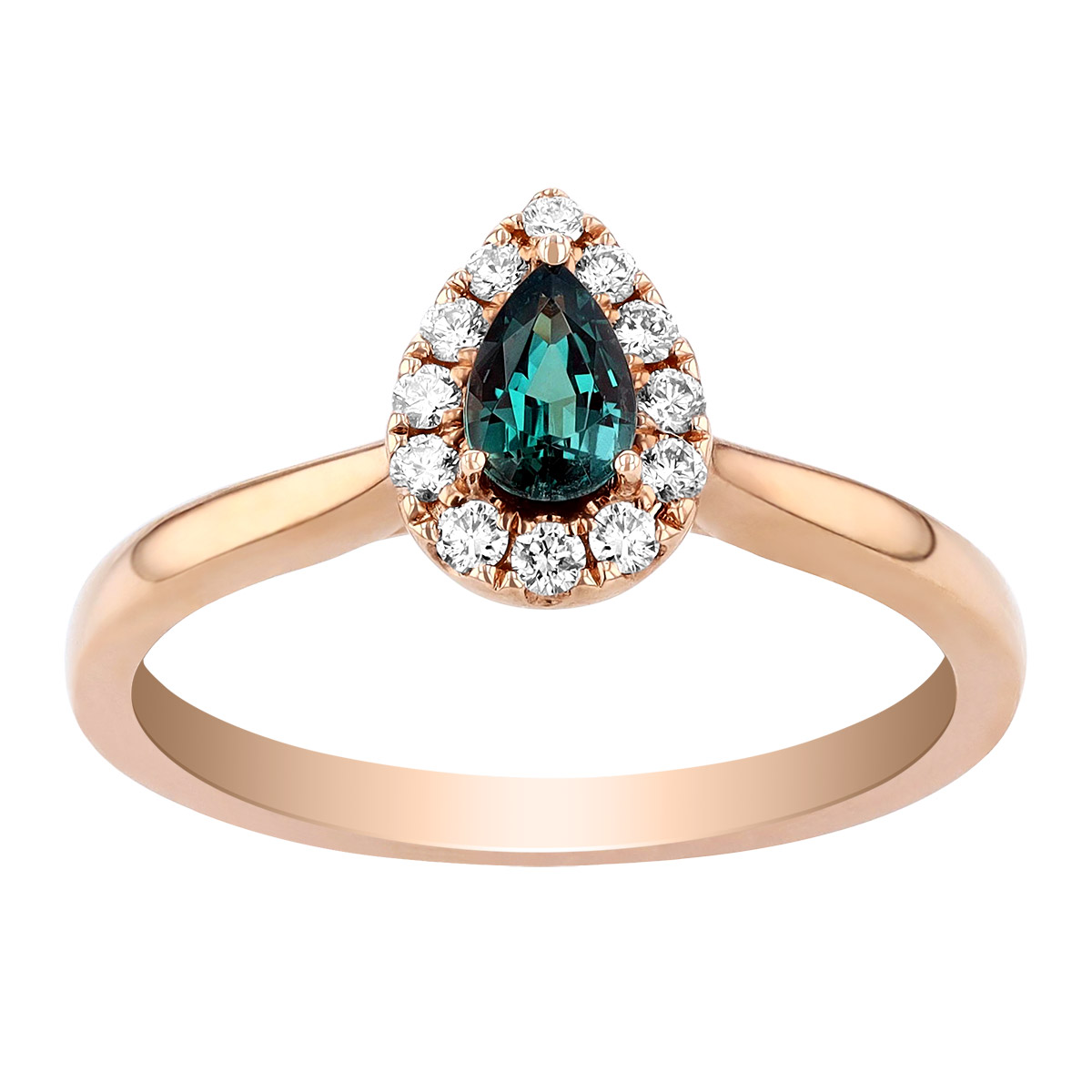 Pear Shaped Alexandrite & Diamond Halo Ring in Rose Gold